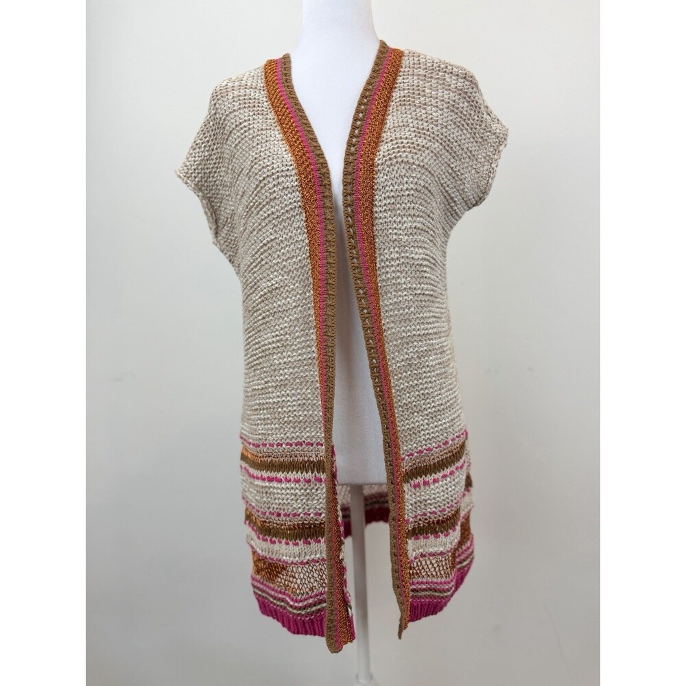 Chicos Womens 0 Crochet Cardigan Open Knit Neutral Metallic Trim Boho Lightweigh